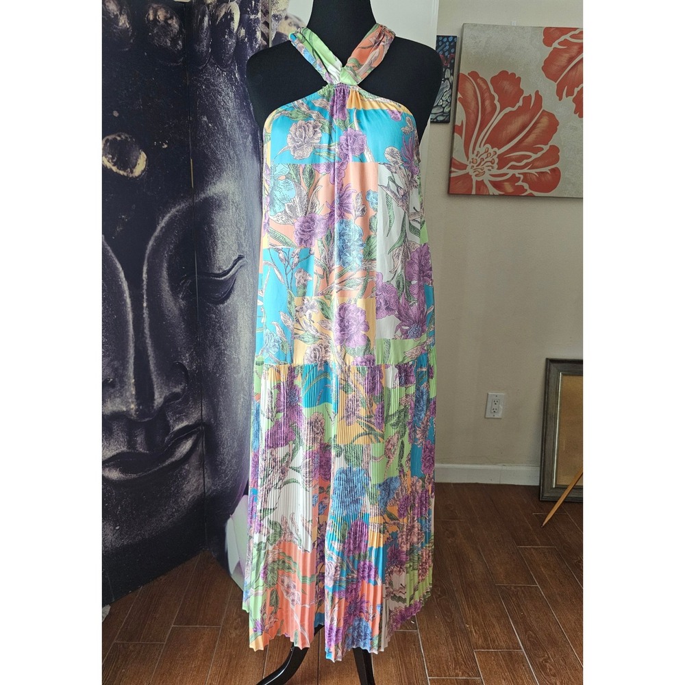 Current Air Los Angeles Floral Maxi‎ Dress Halter Pleated Colorful Size L